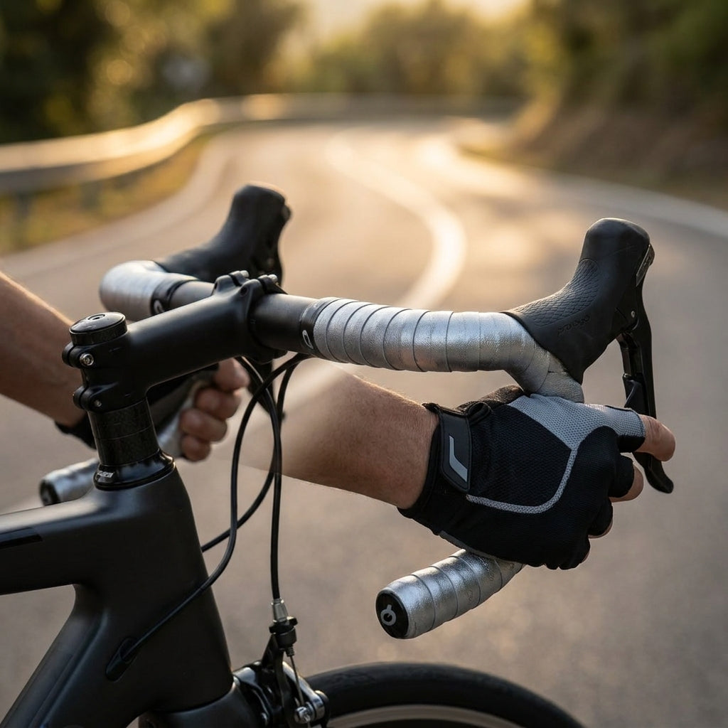 Prologo DOUBLETOUCH Lenkerband silber am Rennradlenker. Bietet optimalen Grip und Komfort für Fahrradfahrer.