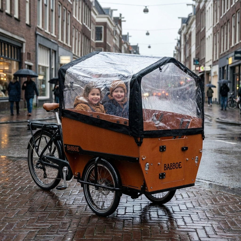 Babboe Regenverdeck Gestänge für Max-E Lastenrad. Schützt Kinder zuverlässig vor Regen und Wind. Original Babboe Zubehör.