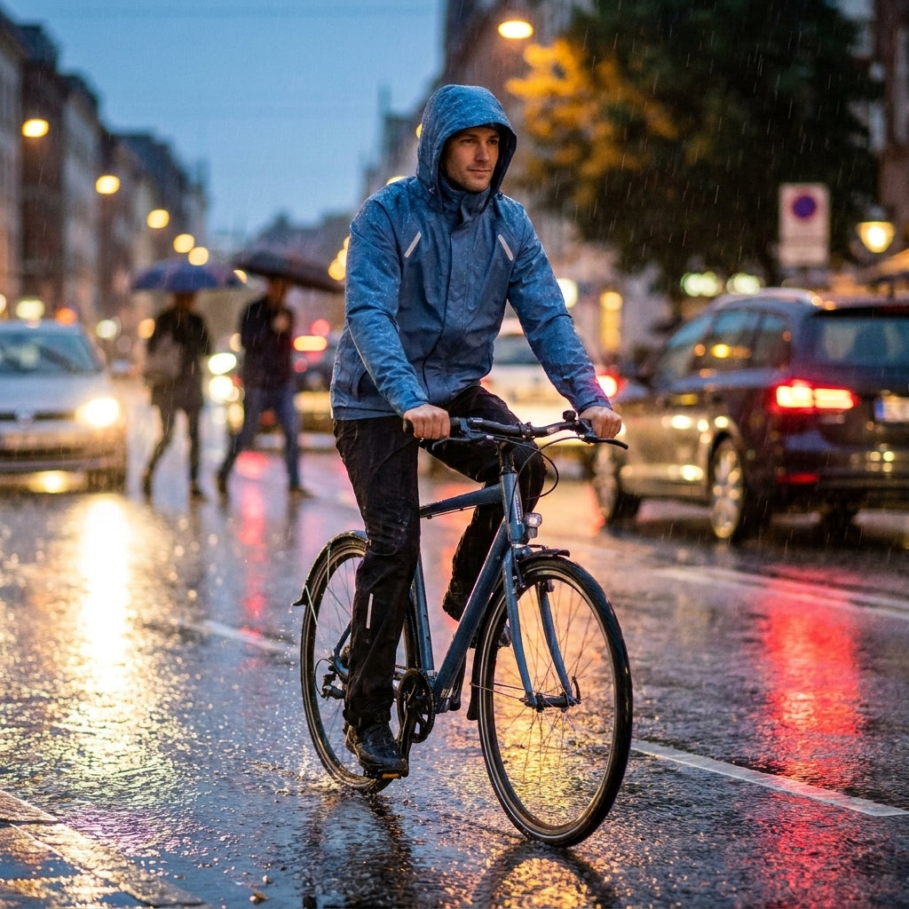 Mann im Basil Hoga Unisex Fahrrad Regenanzug horizon blue XXL fährt bei Regen durch die Stadt.
