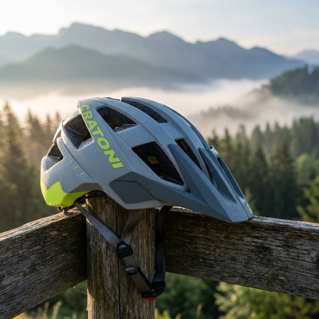 Cratoni Helm AllSet MTB grau neongelb matt auf einem Holzpfosten vor nebliger Berglandschaft.