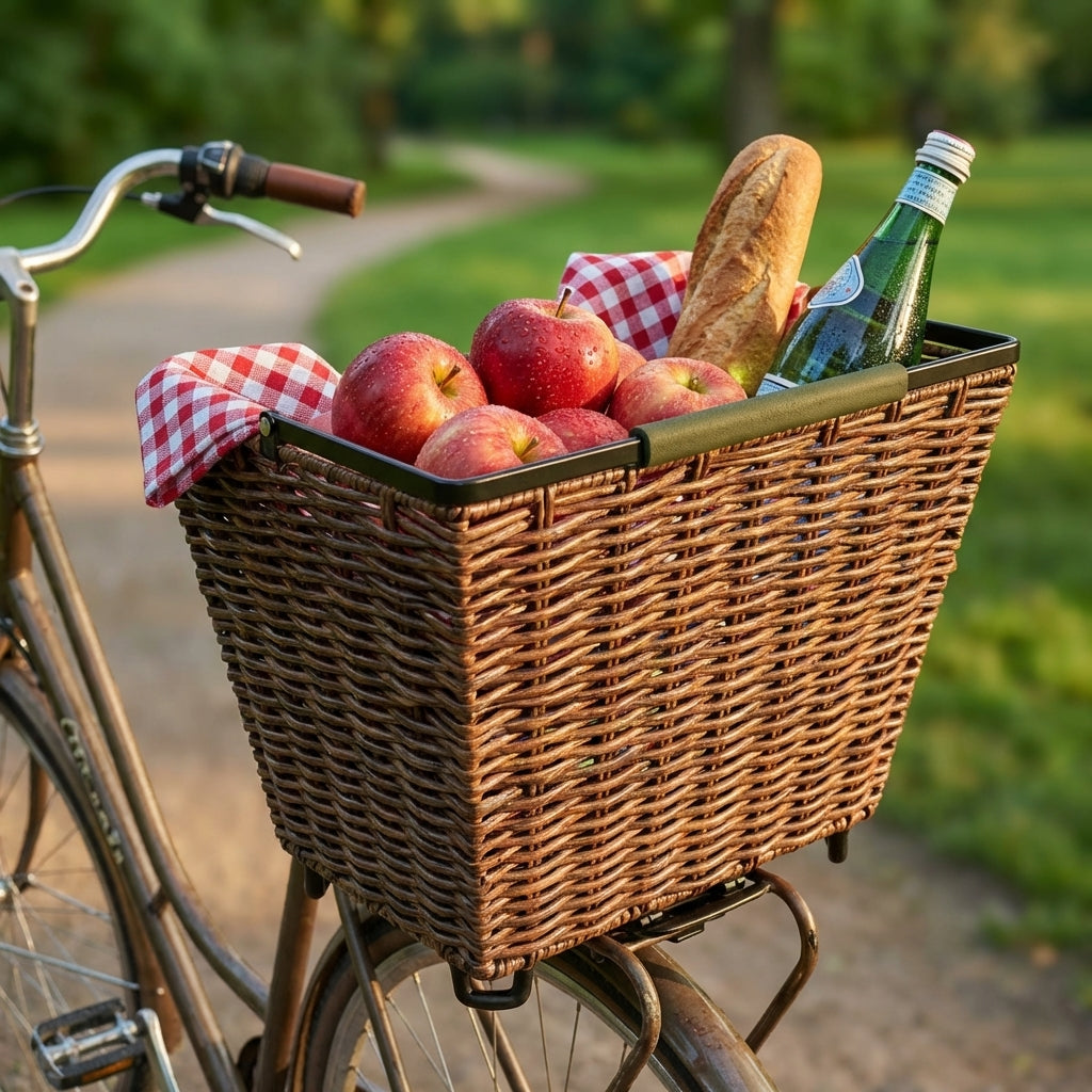 AtranVelo Fahrradkorb Picnic AVS Braun am Fahrrad, gefüllt mit Äpfeln, Baguette, Flasche für Picknick.