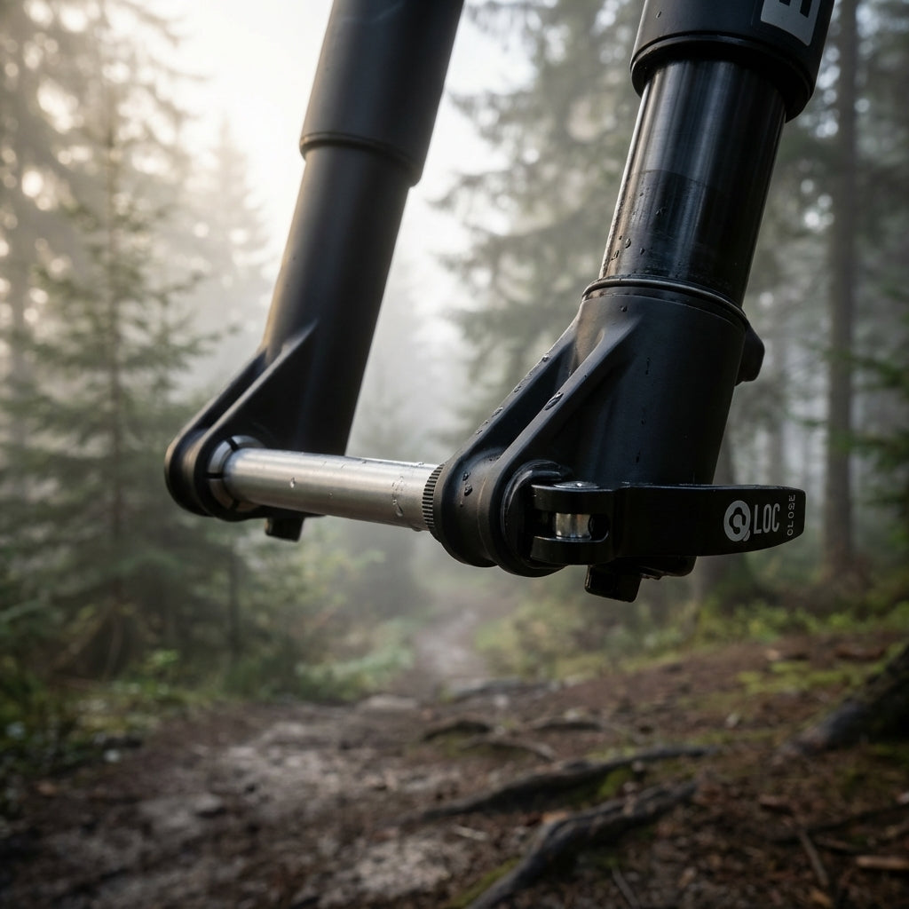 SR Suntour Q-LOC Achse 15QLC32 15mm Steckachse an MTB-Gabel im Wald. Robustes Schnellspannsystem, werkzeuglose Montage.