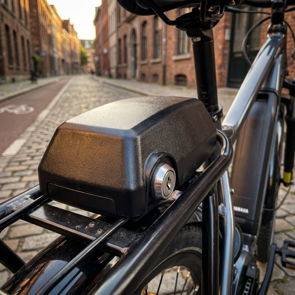 Schwarzes Yamaha Schlossgehäuse GTA für Gepäckträgerakku 2016 am E-Bike, Schlossdetail sichtbar.