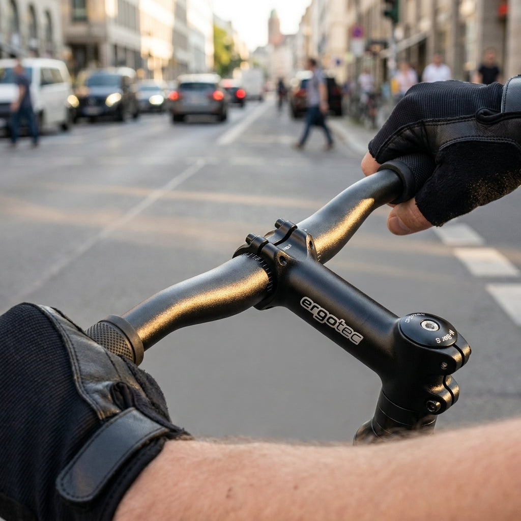 Ergotec Lenkerbügel M-Bar S Alu Level6 schwarz/matt an Fahrrad, von Hand mit Handschuh gehalten, im Stadtverkehr.