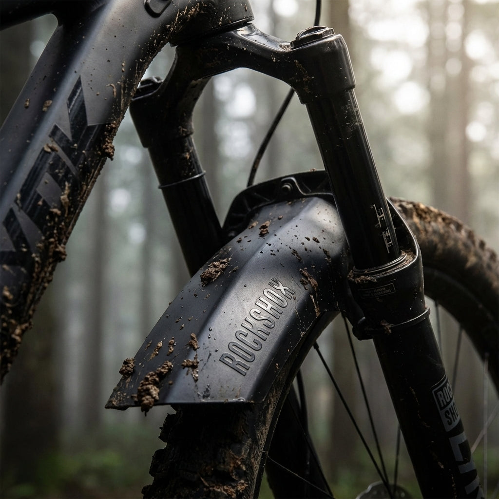 Schwarzer, kurzer Rockshox Fender vorne an einem schlammigen Mountainbike im Wald.