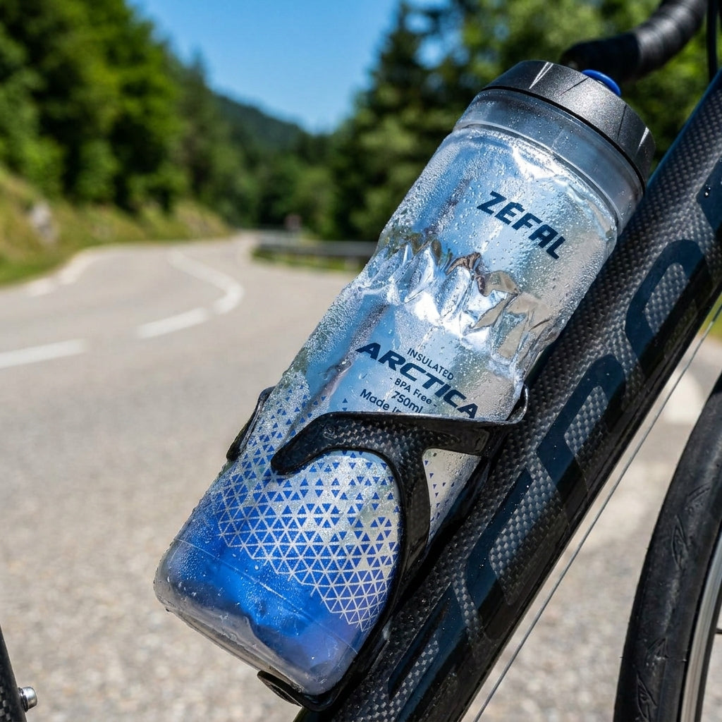 Zefal Arctica 750ml isolierte Trinkflasche blau am Rennrad mit Kondenswasser auf sonniger Straße.