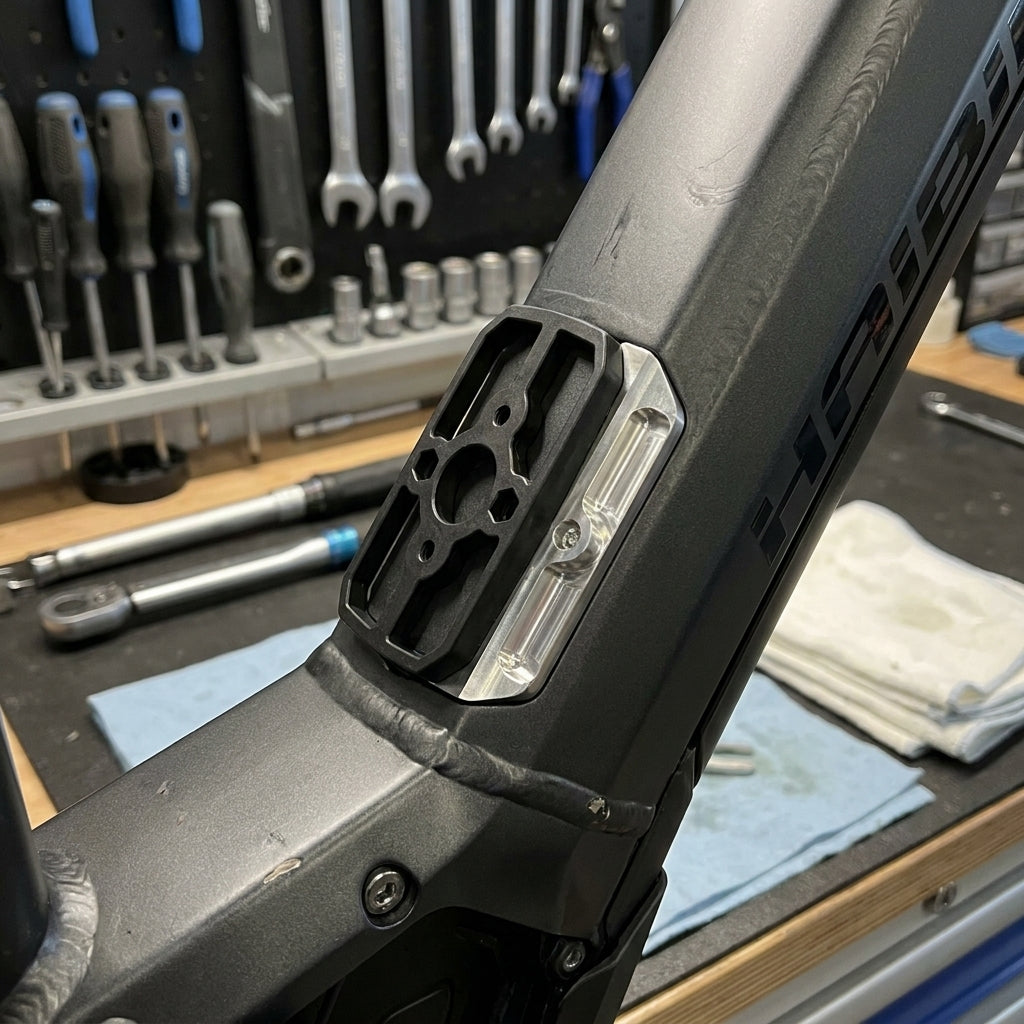 Yamaha Angle Shimano +0,75 2015 Akkumontage am Haibike E-Bike Rahmen mit schwarzer Halterung und silbernem Adapter.