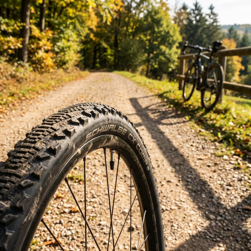 Schwalbe CX COMP Fahrradreifen 28x1.20 700x30C auf herbstlichem Schotterweg.