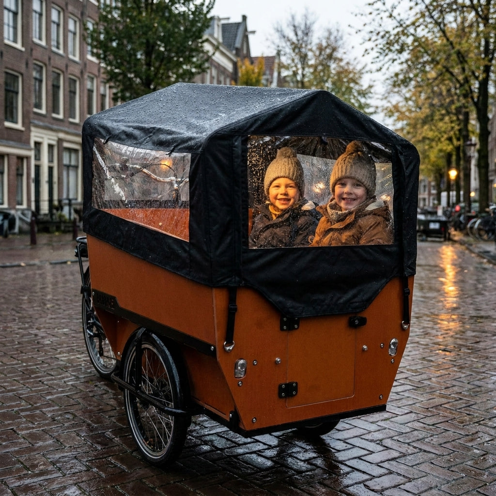 Babboe Lastenrad mit Kindern unter schwarzem Regenverdeck. Zeigt Gestänge vorne für Regenverdeck sw.