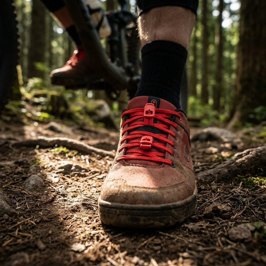 Crankbrothers Speedlace Schnürsenkel rot für Mallet, Stamp MTB-Schuhe. Schnelles, sicheres Schnürsystem für Mountainbiker.