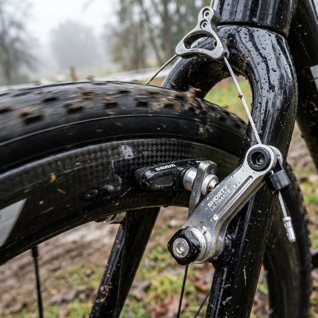 Avid Shorty Ultimate Bremse mit SRAM Bremsschuhen an Carbonfelge eines schlammigen Cyclocross-Fahrrads.