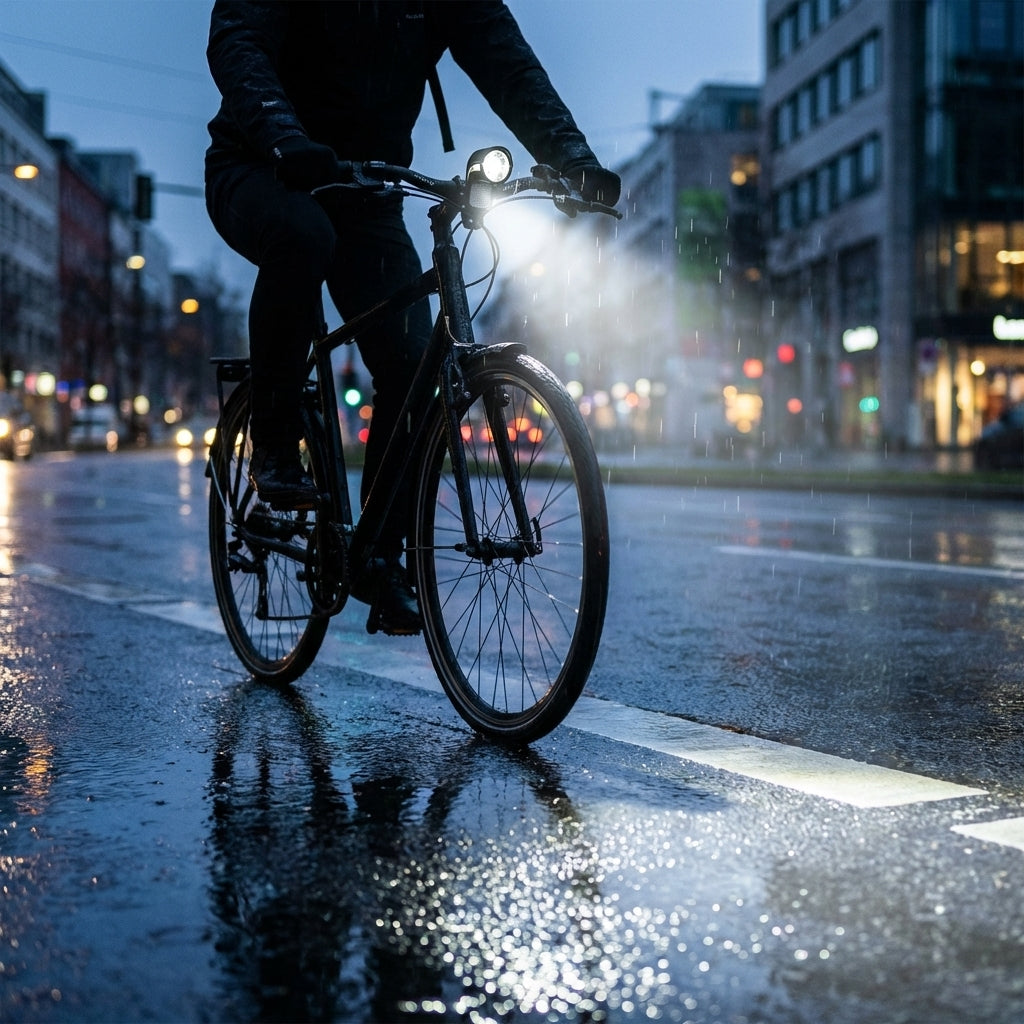 Busch&Müller Lumotec Upp N LED-Fahrradscheinwerfer beleuchtet nasse Straße bei Regenfahrt, STVZO-konform.