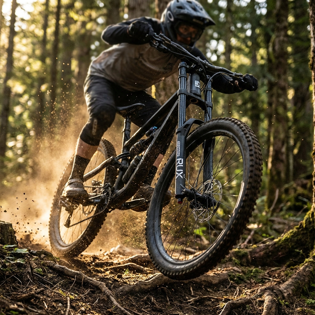 SR Suntour RUX 38 Federgabel, 27.5 Zoll, schwarz matt. High-Performance Downhill Mountainbike Gabel für extreme Trails.