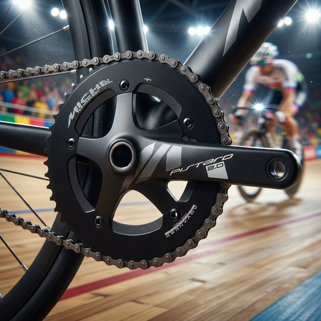 Miche Pistard 2.0 Kurbelgarnitur 47 Zähne am Bahnrad mit Kette, unscharfem Radfahrer und Velodrom.