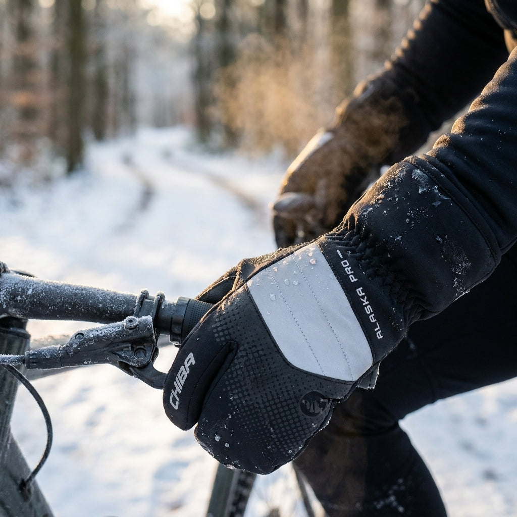 CHIBA Alaska Pro schwarze, wasserdichte Winterradhandschuhe auf gefrostetem Lenker im verschneiten Wald.