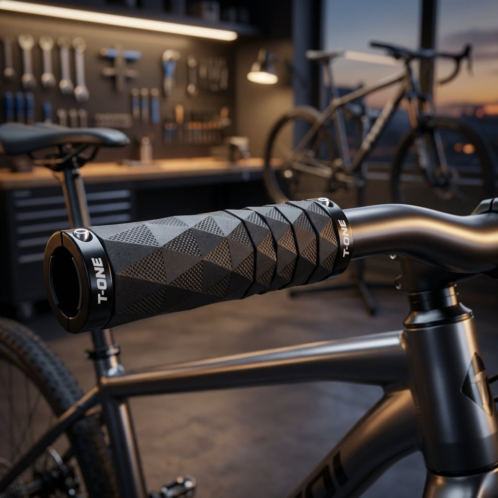 T-One Diamond Fahrradgriffe in Schwarz mit verstellbarer Länge von 94 bis 134 mm und Diamantstruktur.