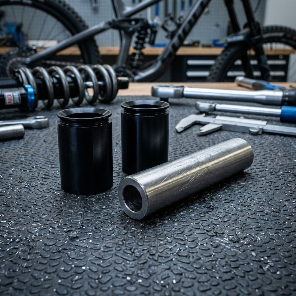 RockShox 3-teiliges Dämpfer-Montageset aus Edelstahl (9.5x22.2) für Fahrräder auf Werkbank.