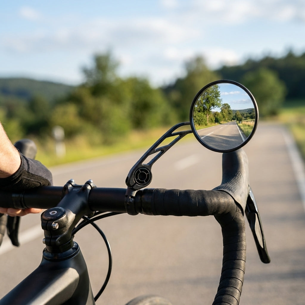 Busch&Müller Cycle Star Ø80mm Fahrradspiegel mit Innenlenker-Adapter am Rennrad-Lenker auf Landstraße.