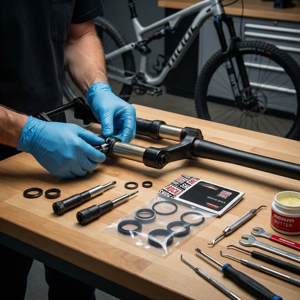 RockShox Federgabel Service-Kit Lyric Solo Air: Person wartet Gabel mit Dichtungen, Werkzeugen und SRAM Butter.