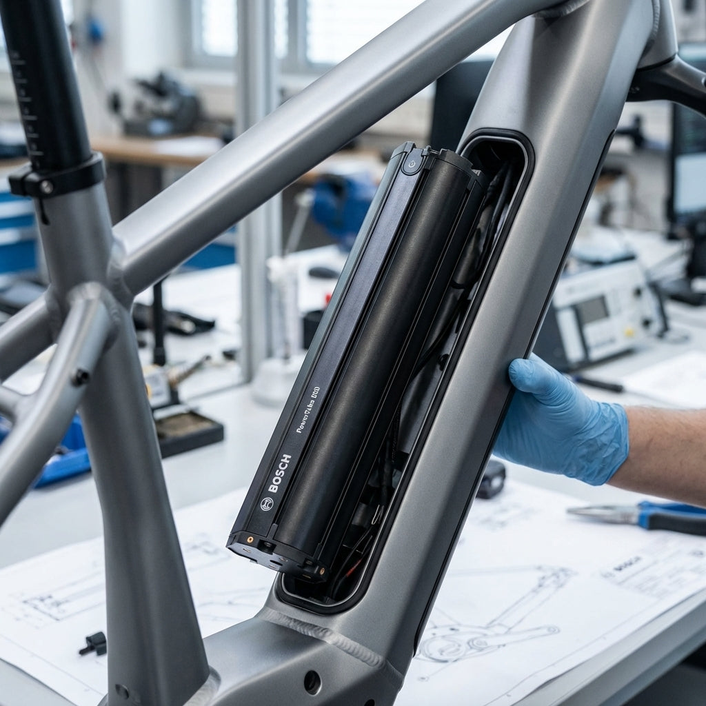 Bosch Dummy PowerTube 500 horizontal wird in E-Bike-Rahmen eingesetzt, zeigt optimale Passform.