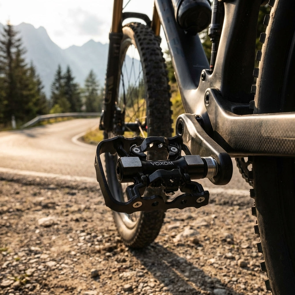Voxom Pedal Touring SPD-Pe18 schwarz beidseitig (Plattform/SPD) am Mountainbike auf Bergstraße.
