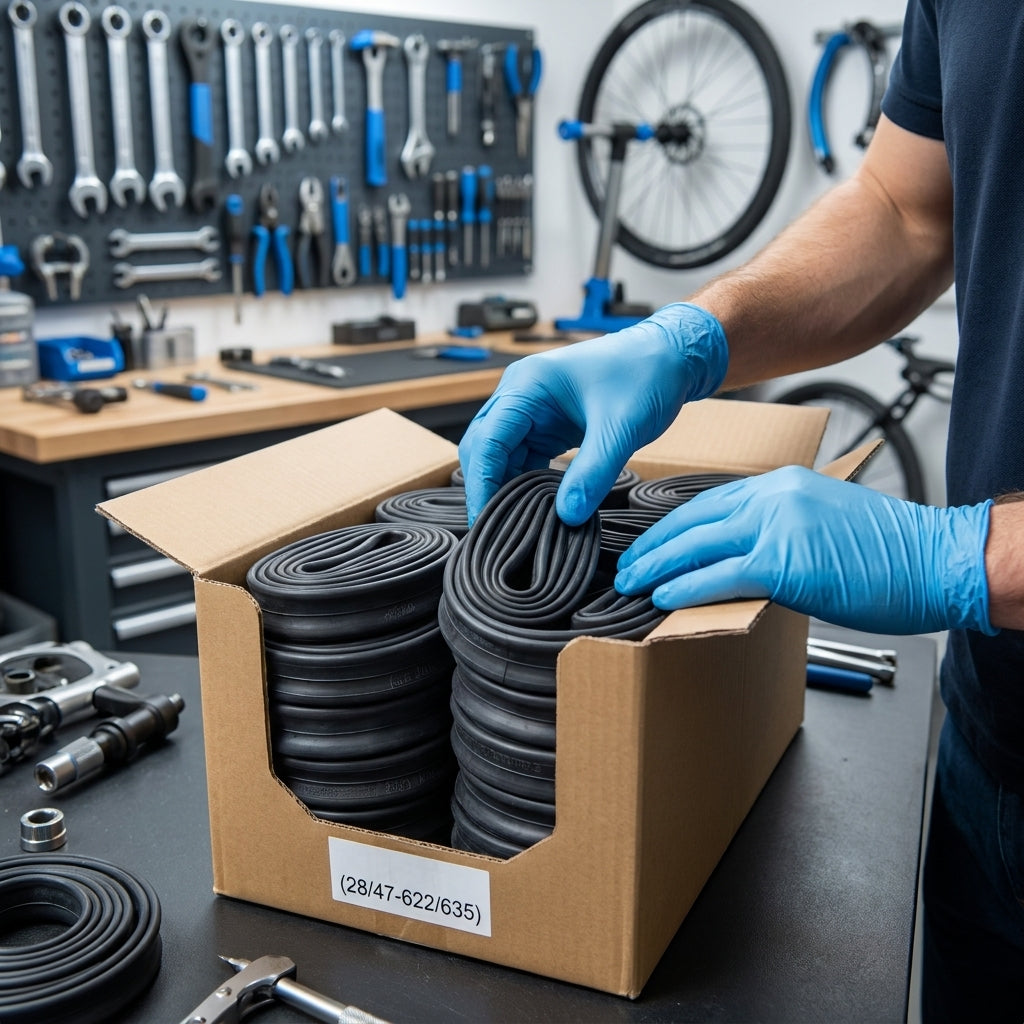 Hände mit blauen Handschuhen entnehmen Schwalbe Fahrradschläuche AV13 26 Zoll aus einer Werkstattbox.