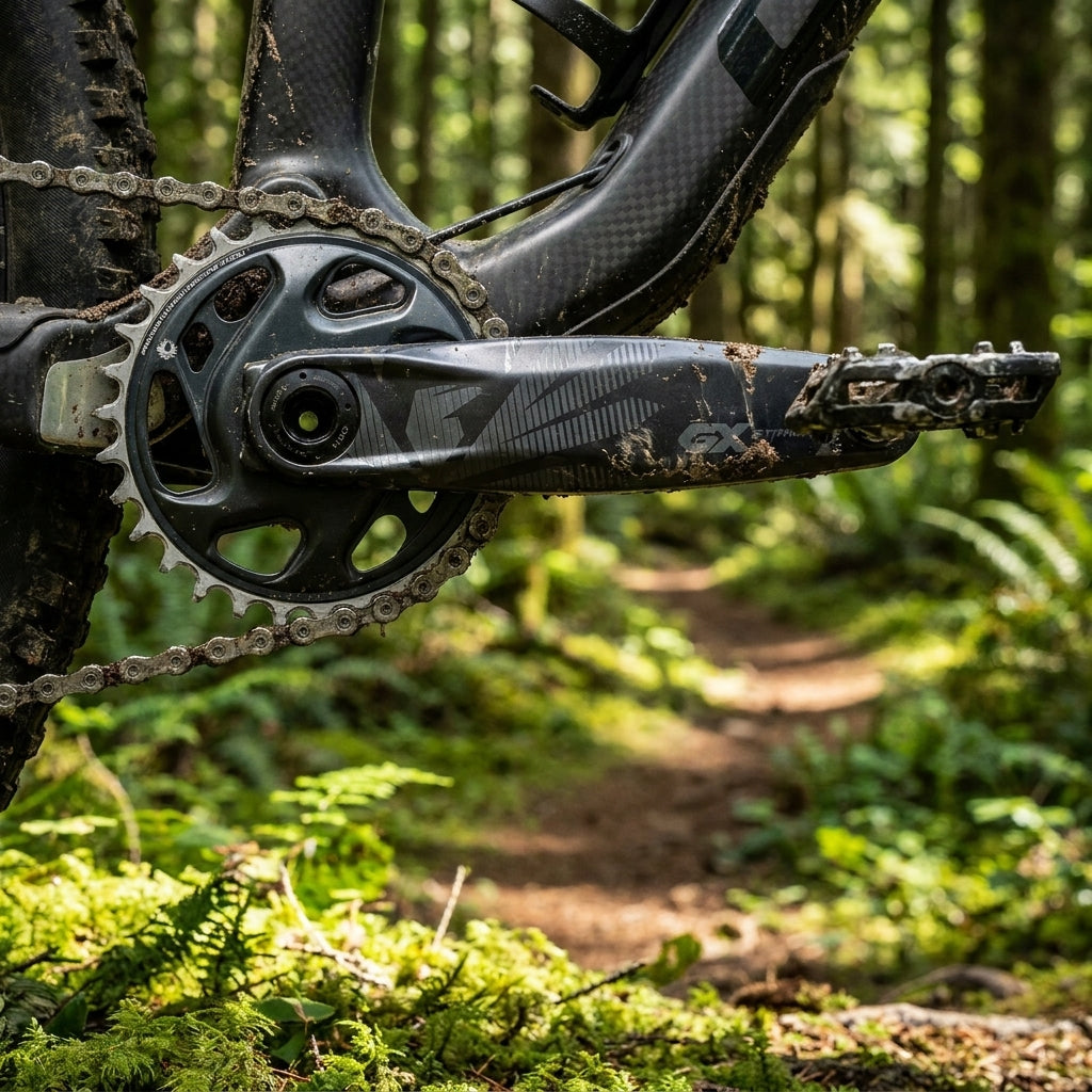 SRAM GX Eagle DUB Kurbelgarnitur in Lunargrau am Mountainbike im Wald, robust für 1x12 MTB-Antriebe.