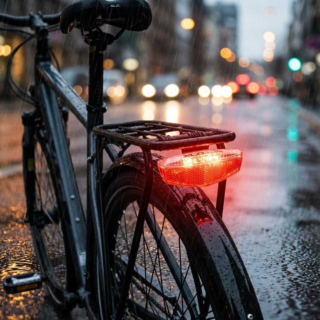 XLC LED Rückleuchte CL-R17/18 mit Reflektor am Gepäckträger eines Fahrrads bei Regen, beleuchtet.