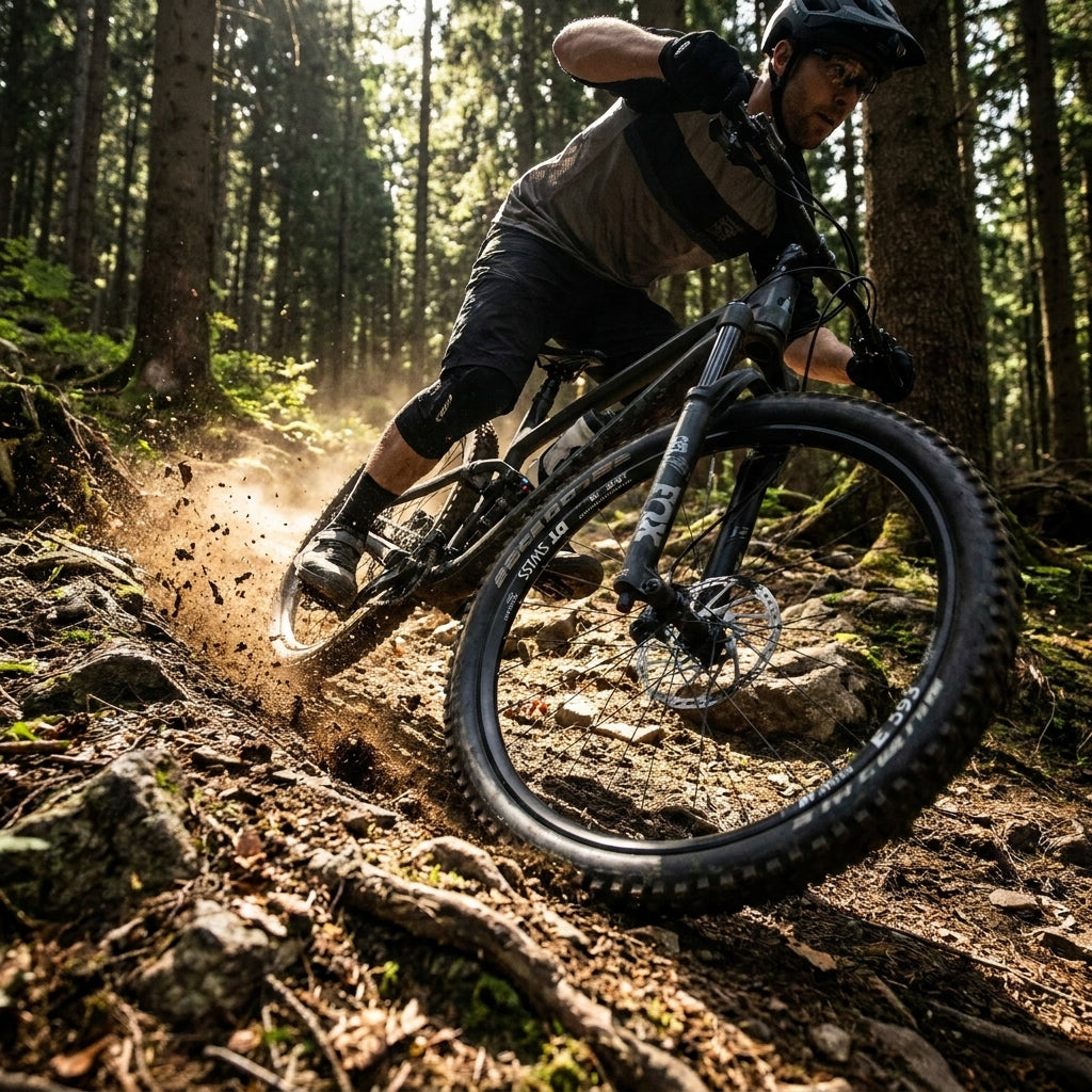 Robuste DT Swiss E 593 Enduro-Felge (27,5") am Mountainbike in Aktion auf felsigem Trail.