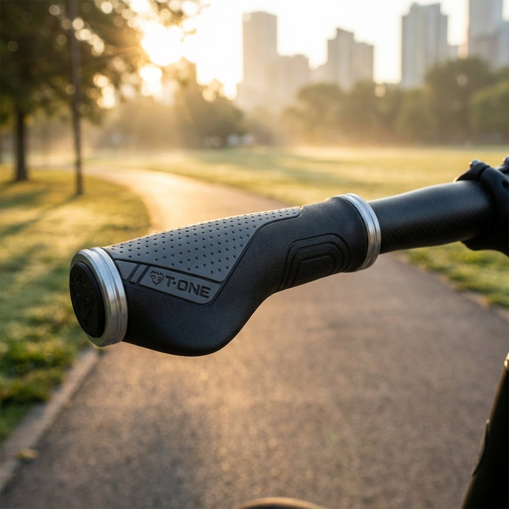 Ergonomische T-One Ripple Ergo Fahrradgriffe in Schwarz-Grau für schmerzfreies Radfahren und optimalen Halt.