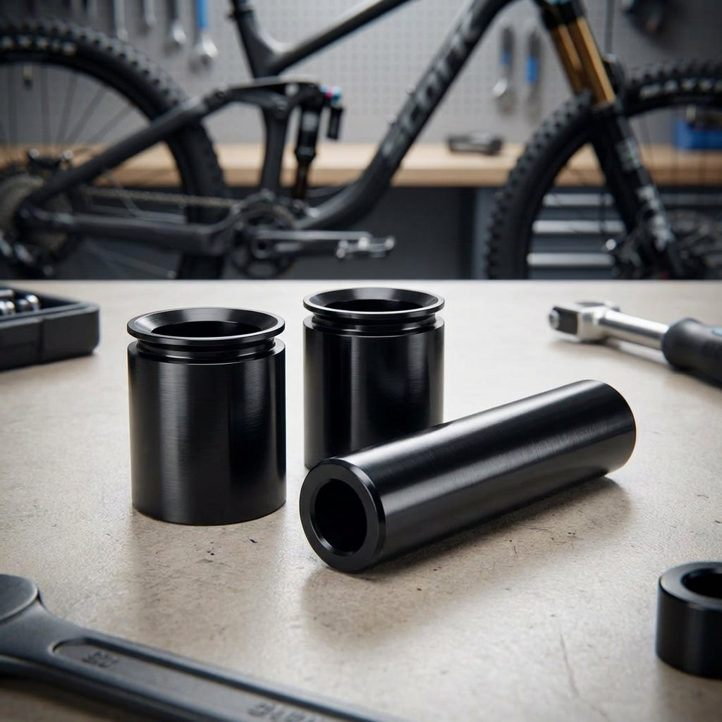 RockShox 3-teilige Dämpfer Montage-Hardware schwarz für Mountainbike auf Werkbank.