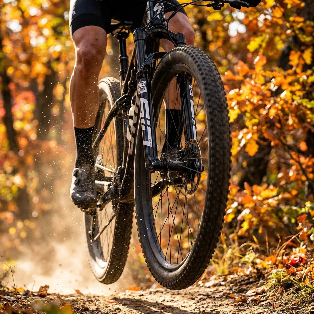 RockShox SID Federgabel 29 Zoll am schwarzen Mountainbike in Aktion auf herbstlichem Trail.