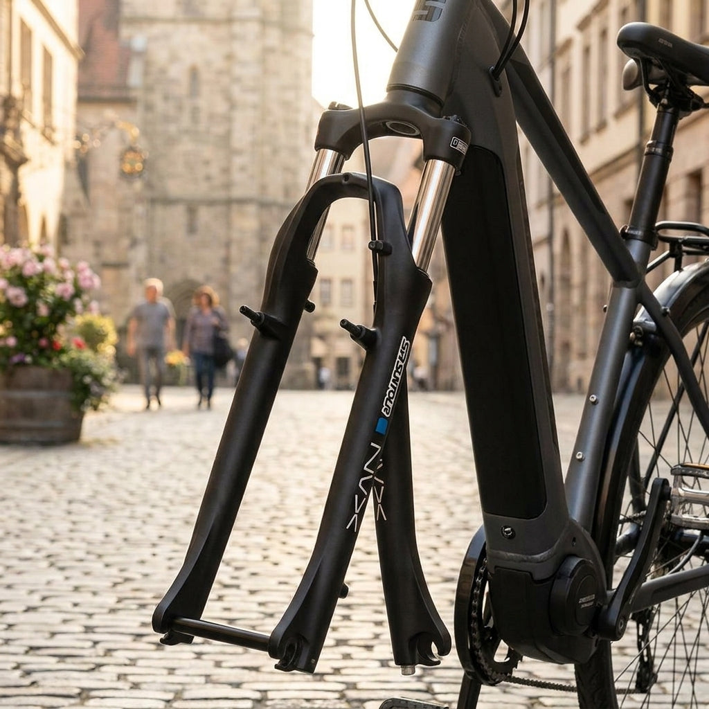 Mattschwarze SR Suntour NVX Federgabel 28 Zoll am E-Bike auf Kopfsteinpflaster in der Altstadt.