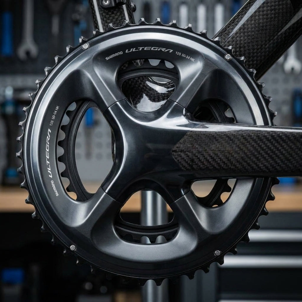 Shimano Ultegra FC-R8100 Kettenblatt 50 Zähne für präzise Rennrad-Performance, montiert an Carbon-Kurbel.