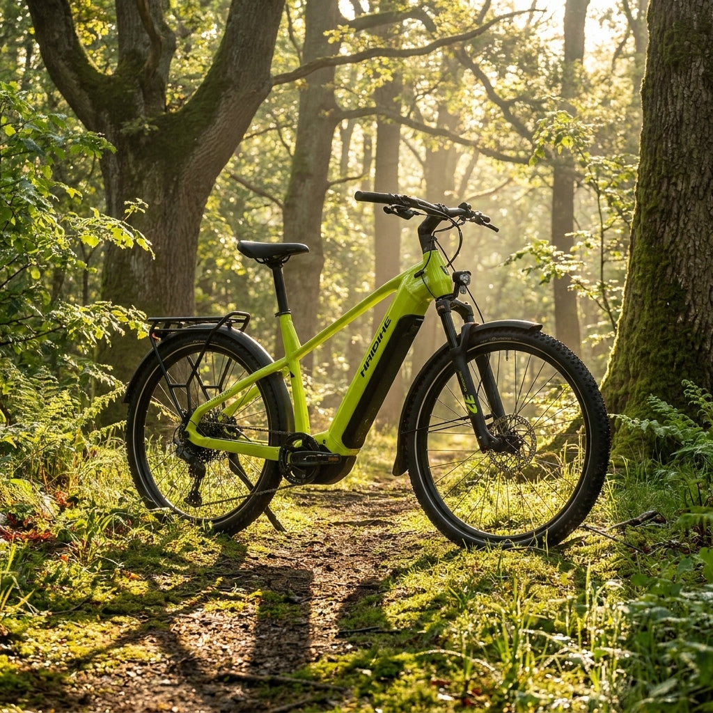 Haibike TREKKING 5 HIGH E-Bike, limettengrün, 720Wh Akku, 11-G Cues, auf sonnigem Waldweg.
