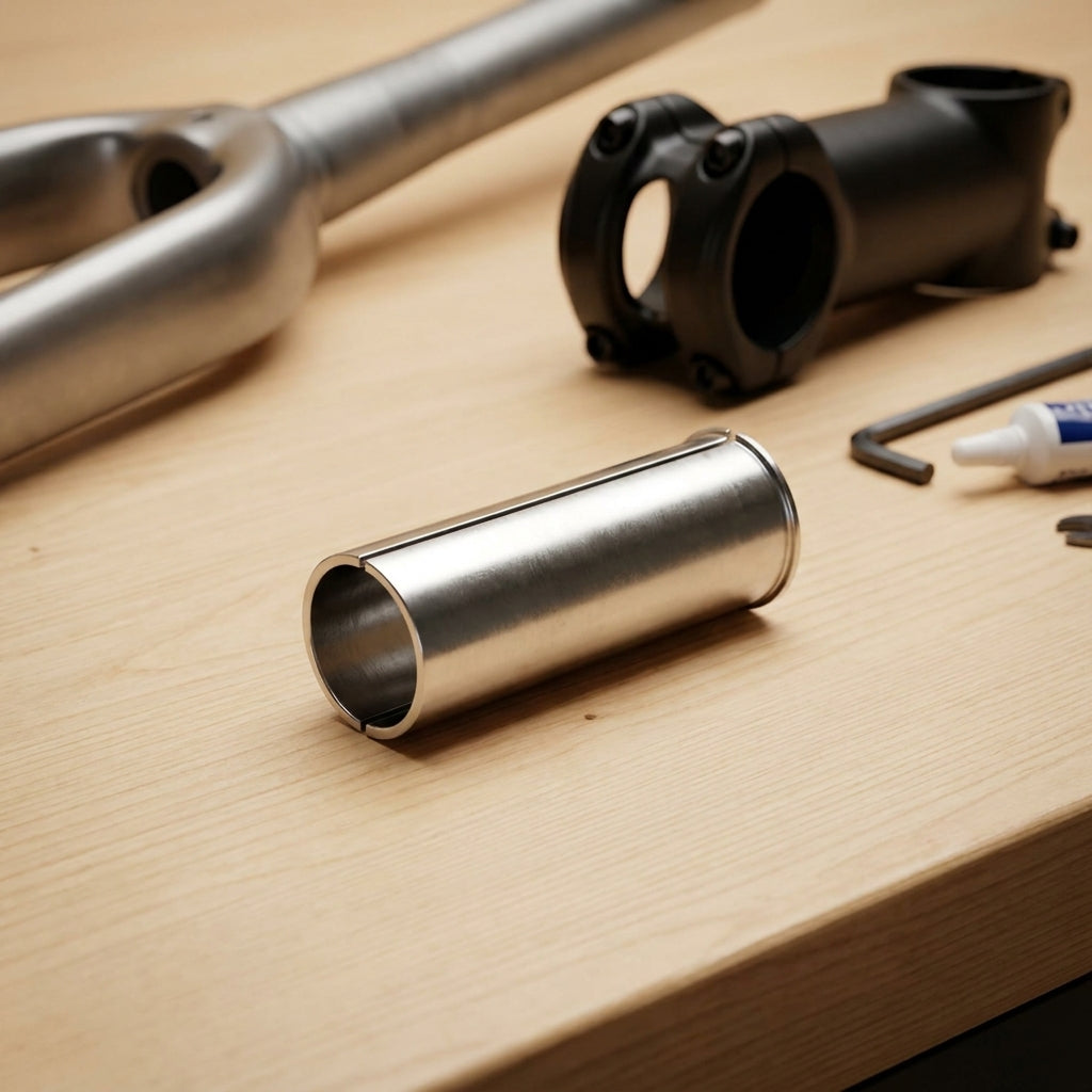 Reduzierhülse A-Head 25,4/28,6mm für 1 1/8" Vorbau auf 1" Gabel, silber, auf Holztisch.
