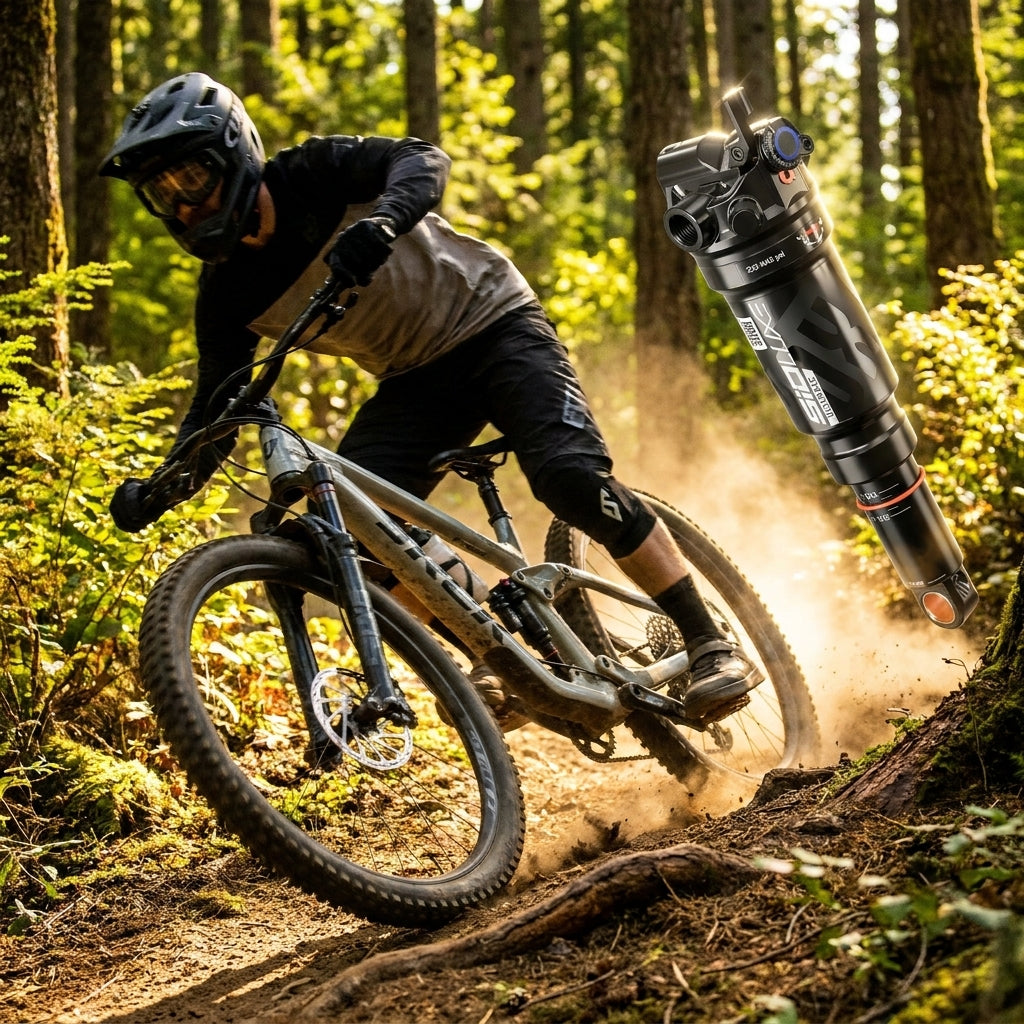 Rockshox SIDLuxe Ultimate Dämpfer (schwarz) schwebend neben Mountainbiker auf staubigem Waldweg.
