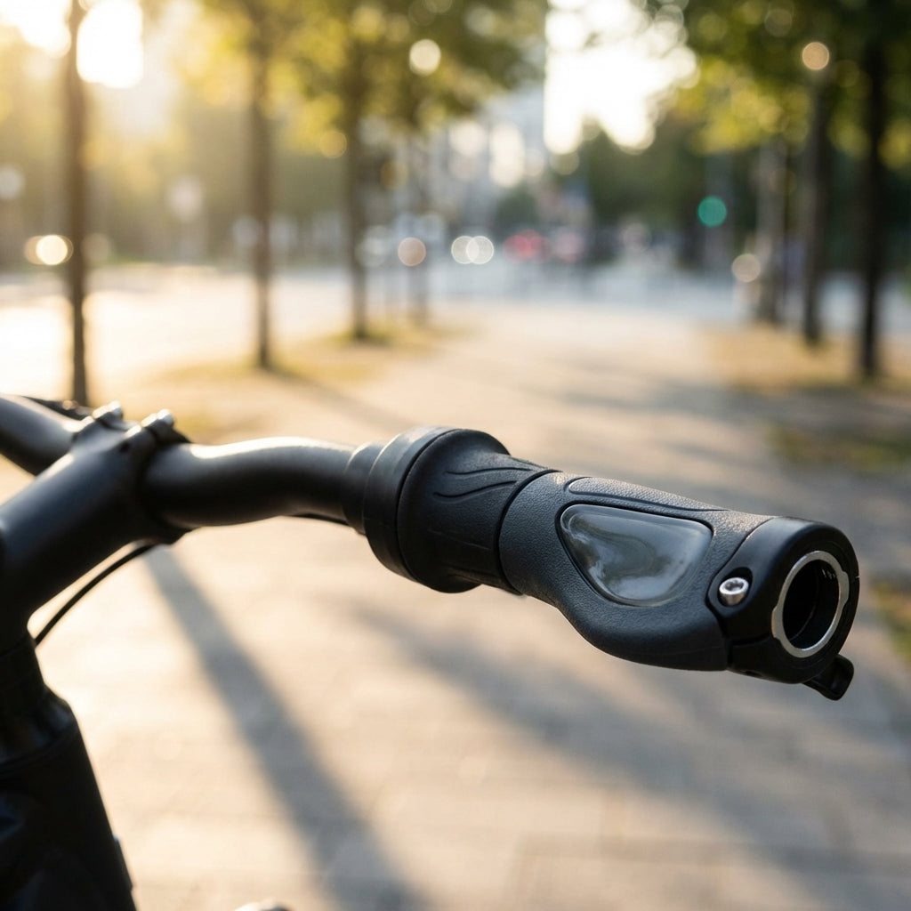 XLC Griffe Ergonomic GR-S04 schwarz/grau am Fahrradlenker, mit sonnigem Stadtpfad im unscharfen Hintergrund.