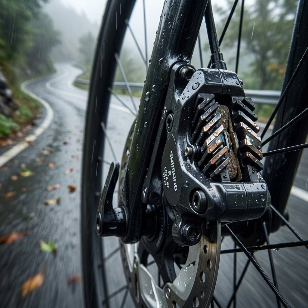 Shimano L05A-RF Resin Scheibenbremsbelag am Fahrrad auf regennasser Straße.