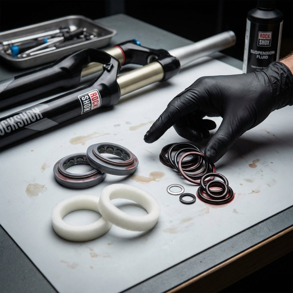 RockShox Federgabel Service-Kit Basic für Argyle Coil AM: Dichtungen, O-Ringe, Schaumringe, Gabel, Hand bei Wartung.