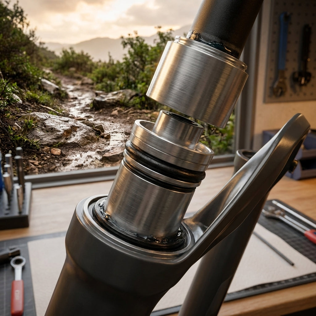 RockShox DebonAir+ 35mm Pike C1+ Dichtkopf einer Federgabel bei der Montage, mit Mountainbike-Trail im Hintergrund.