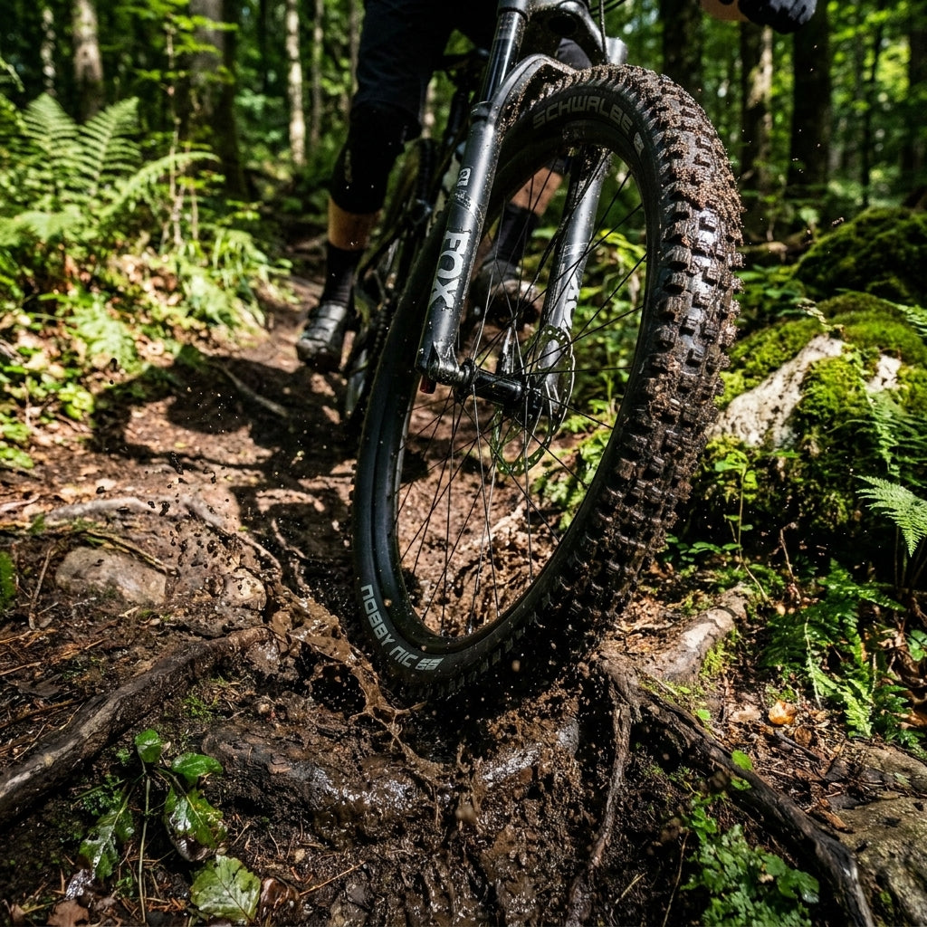 Schwalbe Nobby Nic Reifen am Mountainbike im Einsatz auf matschigem Trail. Vielseitiger MTB-Reifen für Trail & All-Mountain.