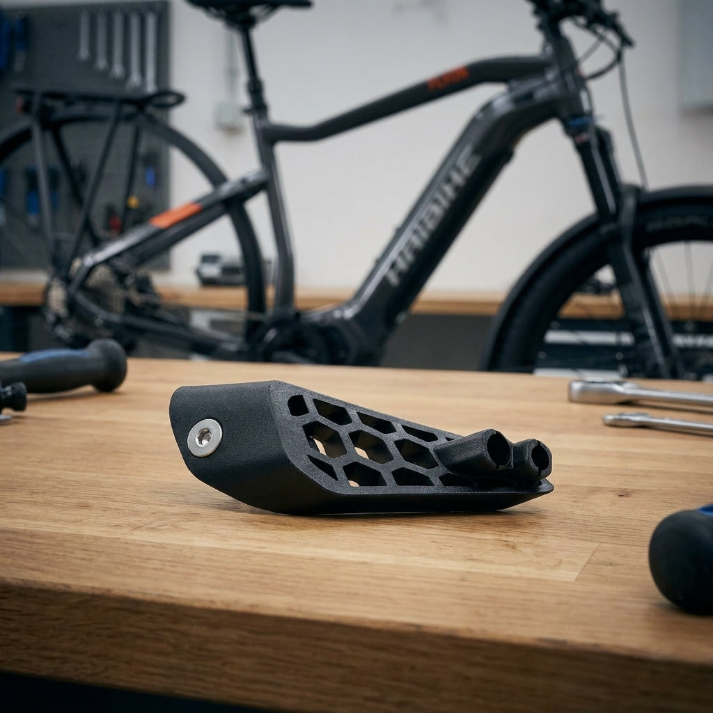 Schwarze FLYON Headtube Cable Inlet rechts, Fahrrad-Kabeldurchführung auf Holztisch vor E-Bike.