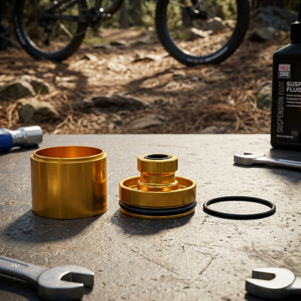 RockShox DebonAir+ 38mm ZEB A2+ Dichtungskopf für Federgabel-Wartung, mit Werkzeug und Suspension Fluid.
