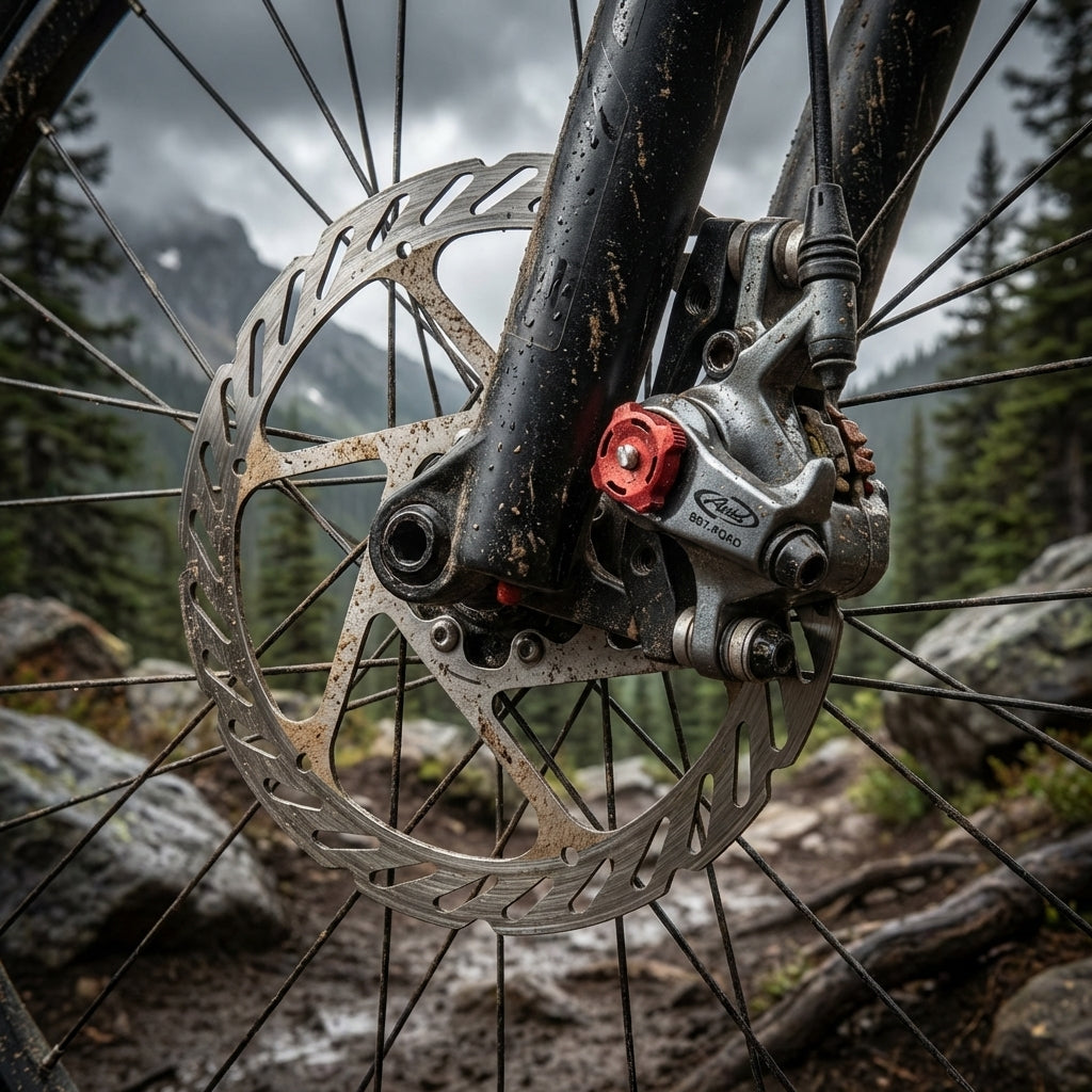Nahaufnahme einer Avid BB7 MTB Scheibenbremse (mechanisch, graphitgrau) mit 200mm Scheibe am Vorderrad im Gelände.