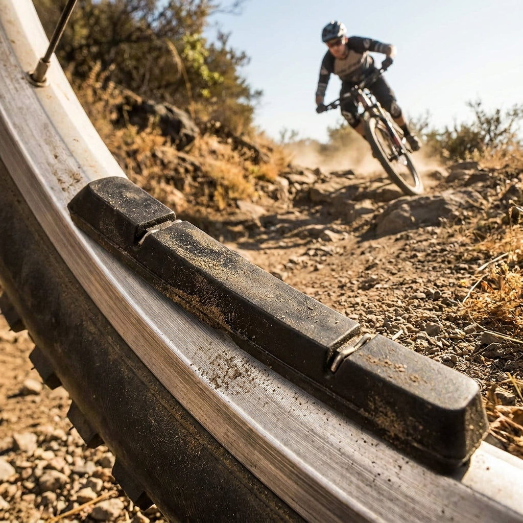 Avid Bremsbelag Set schwarz Gummi auf Mountainbike-Felge, staubig vom Trail-Einsatz.