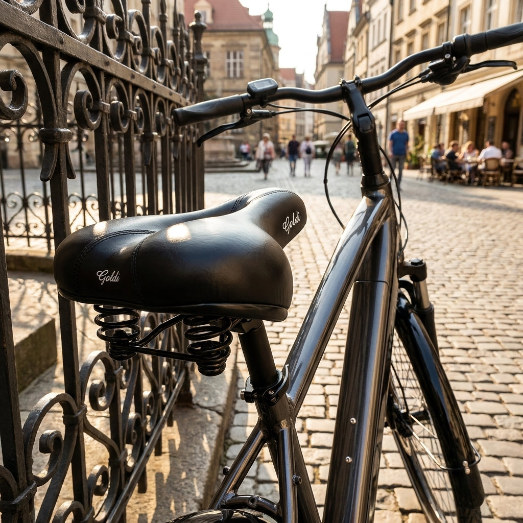 P&P Goldi 619 schwarzer Bequemsattel am Fahrrad auf belebter Kopfsteinpflasterstraße.
