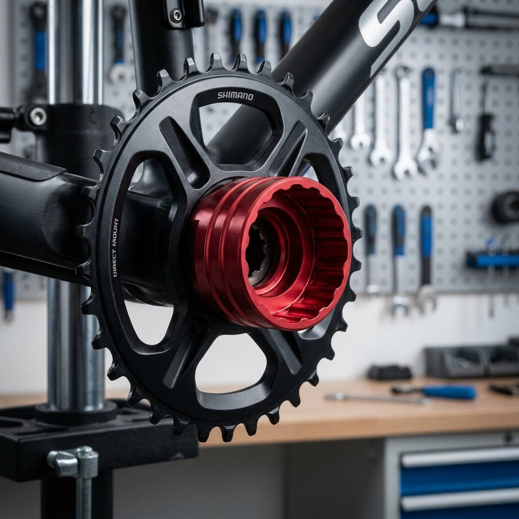 Rotes Unior 1723.SDL Shimano Direct Mount Lockring Tool am Kettenblatt auf Montageständer in Werkstatt.