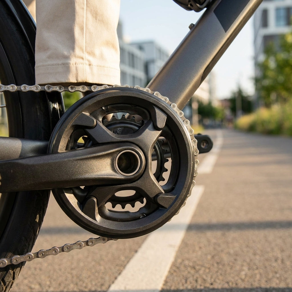 SHIMANO Kettenschutzring FC-M4000 an Fahrradkurbel. Schützt Kette, Kleidung vor Schmutz. Robust, passgenau.