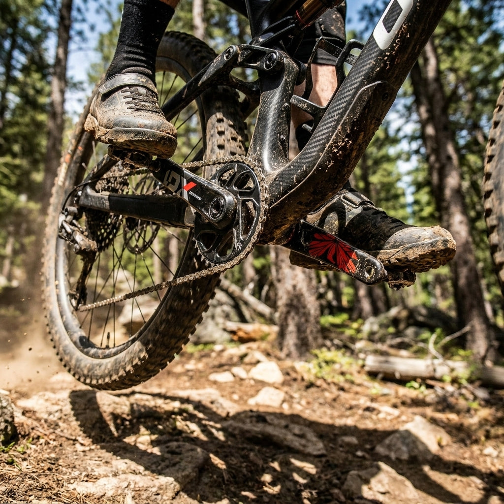SRAM X01 Eagle Boost DUB Kurbelgarnitur 175 mm rot am Carbon-MTB im Gelände, ideal für 1x12-Antriebe.